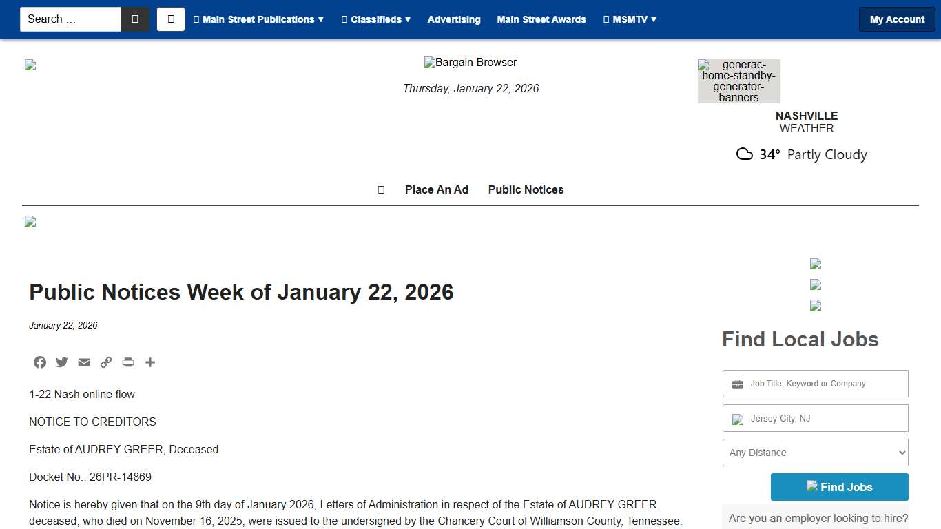 Public Notices Week of January 22, 2026 - Main Street Media of Tennessee