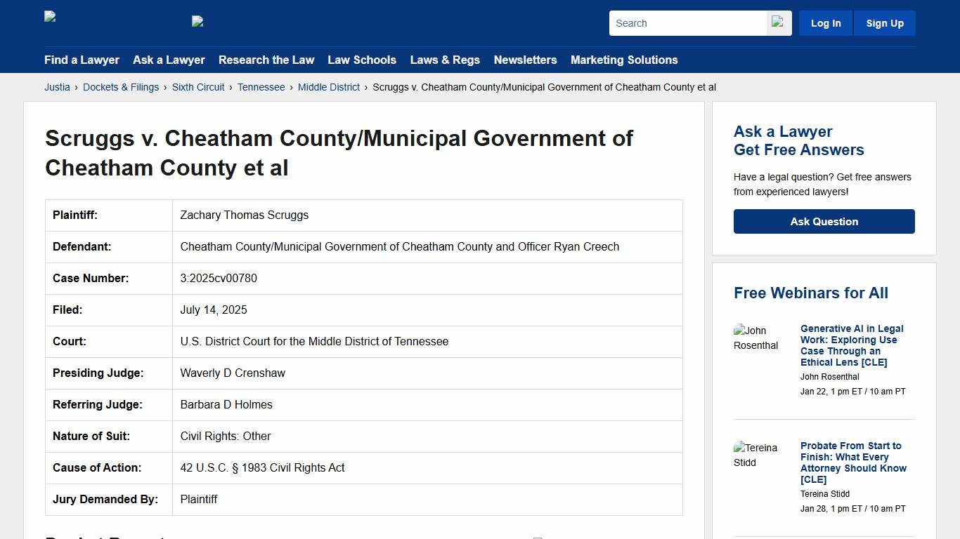 Scruggs v. Cheatham County/Municipal Government of Cheatham County et al 3:2025cv00780 U.S. District Court for the Middle District of Tennessee Justia